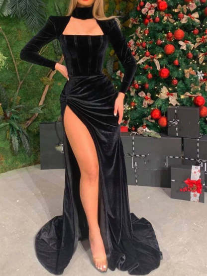 Long Sleeve Split-Side Sheath/Column Dress