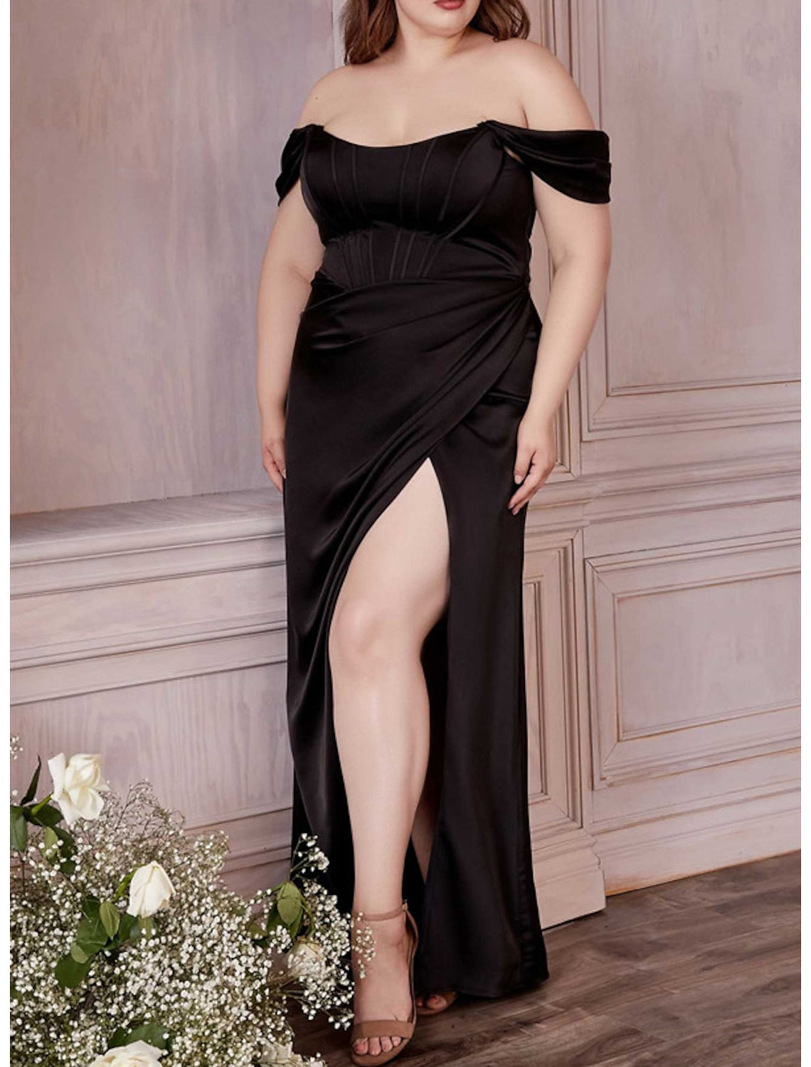 Off-the-Shoulder Plus Size Floor-Length Sheath Prom Gown