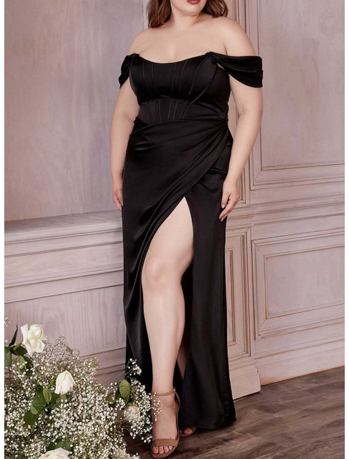 Off-the-Shoulder Plus Size Floor-Length Sheath Prom Gown