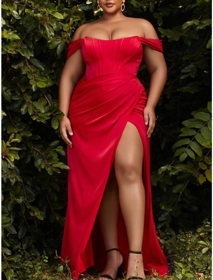 Off-the-Shoulder Plus Size Floor-Length Sheath Prom Gown