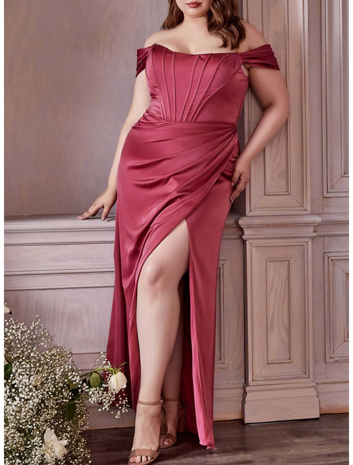 Off-the-Shoulder Plus Size Floor-Length Sheath Prom Gown