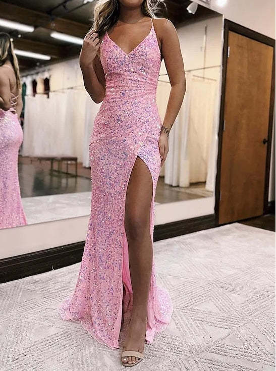 Spaghetti Strap Floor-length Sheath/Column Prom Gowns