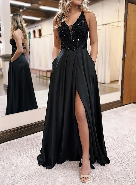V-Neck A-Line Princess Prom Dresses with Floor-Length Hem