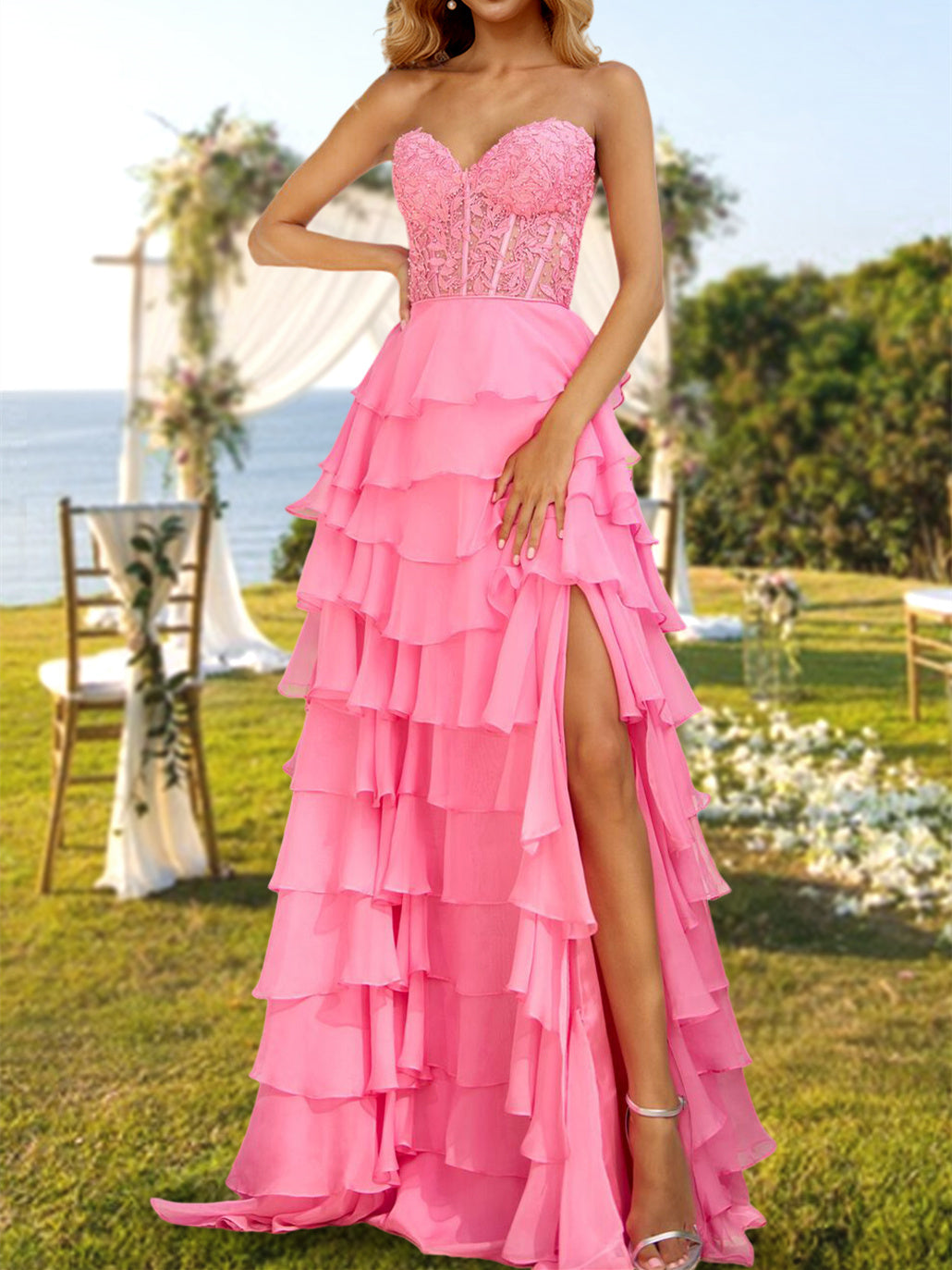 Strapless Long A-Line Princess Prom Dress with Side Split and Sequins for Evening Parties