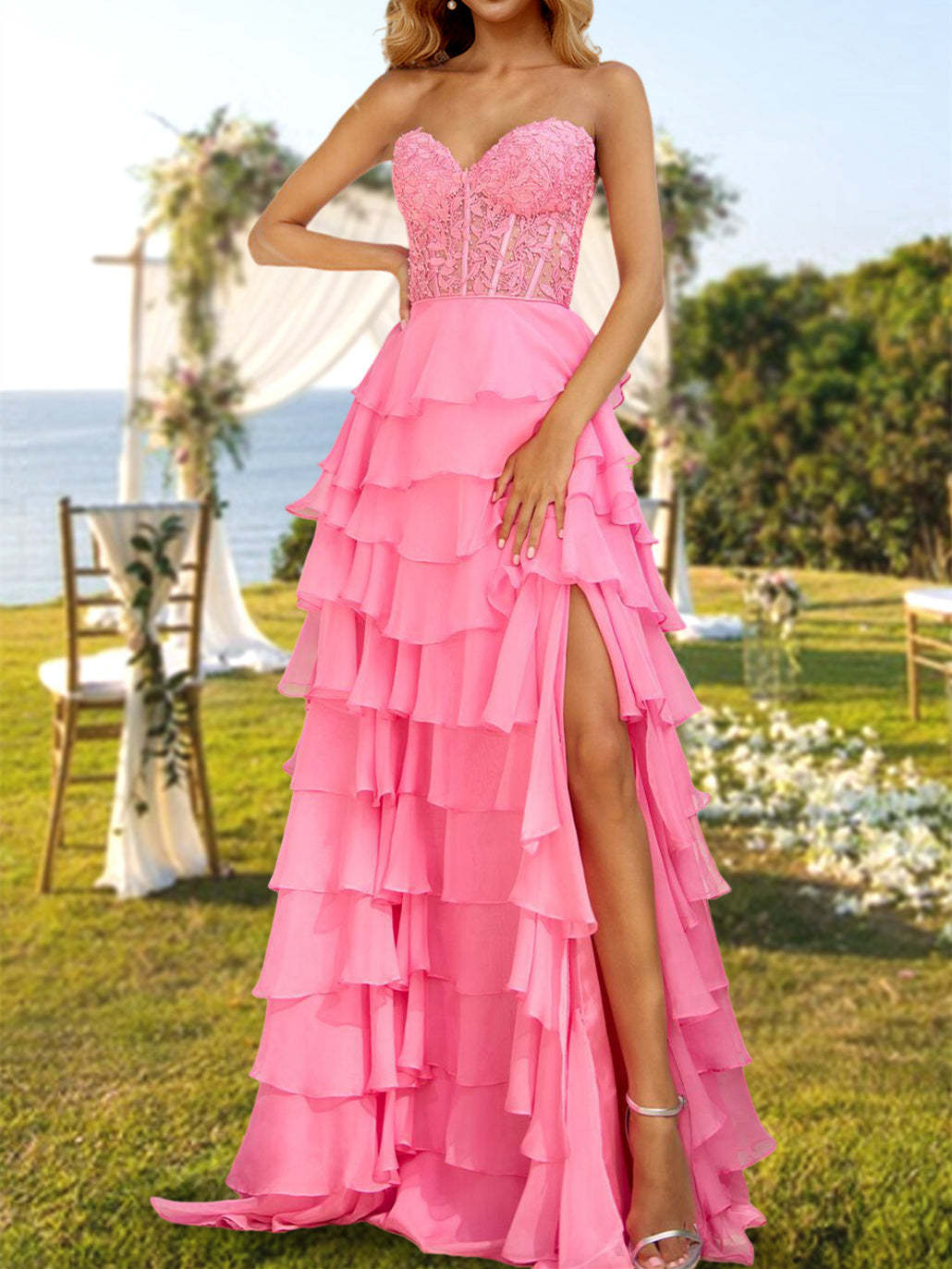 Strapless Long A-Line Princess Prom Dress with Side Split and Sequins for Evening Parties