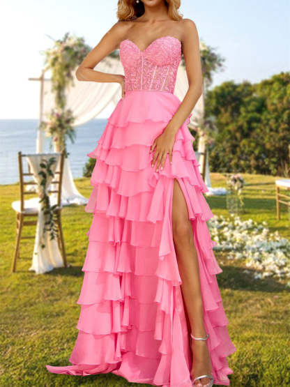 Strapless Long A-Line Princess Prom Dress with Side Split and Sequins for Evening Parties