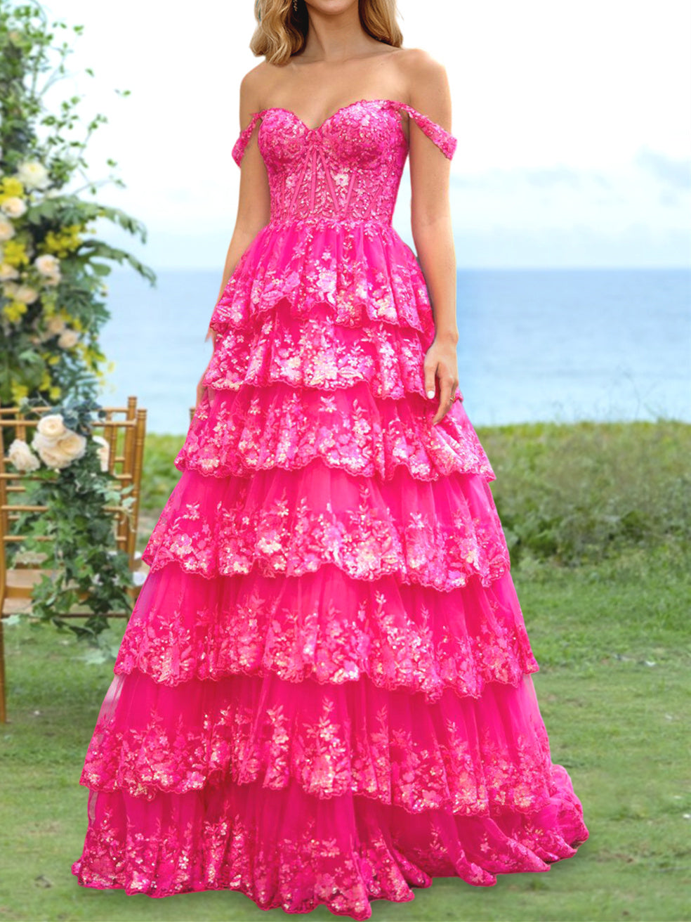 Sweetheart Off-the-Shoulder A-Line Princess Long Prom Dress with Floral Sequins & Ruffles