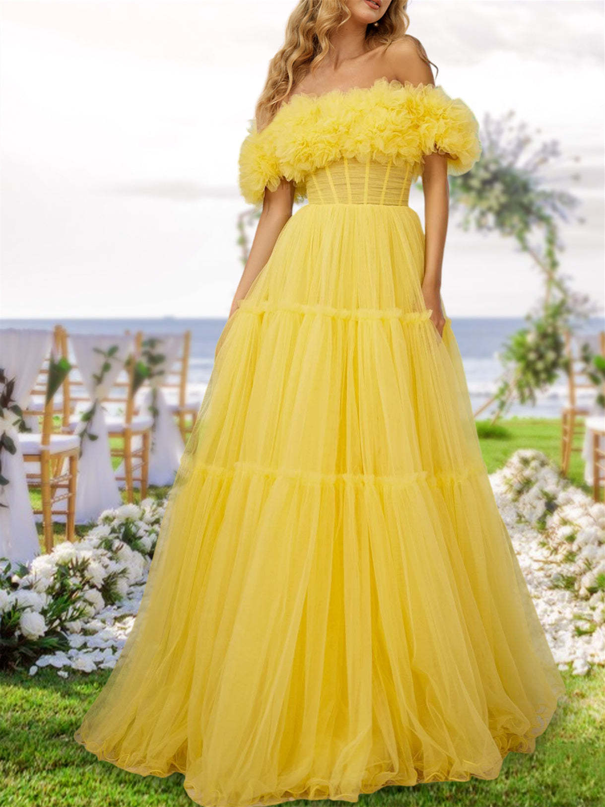 Princess A-Line Long Off-the-Shoulder Party Dresses in Tulle with Ruffles