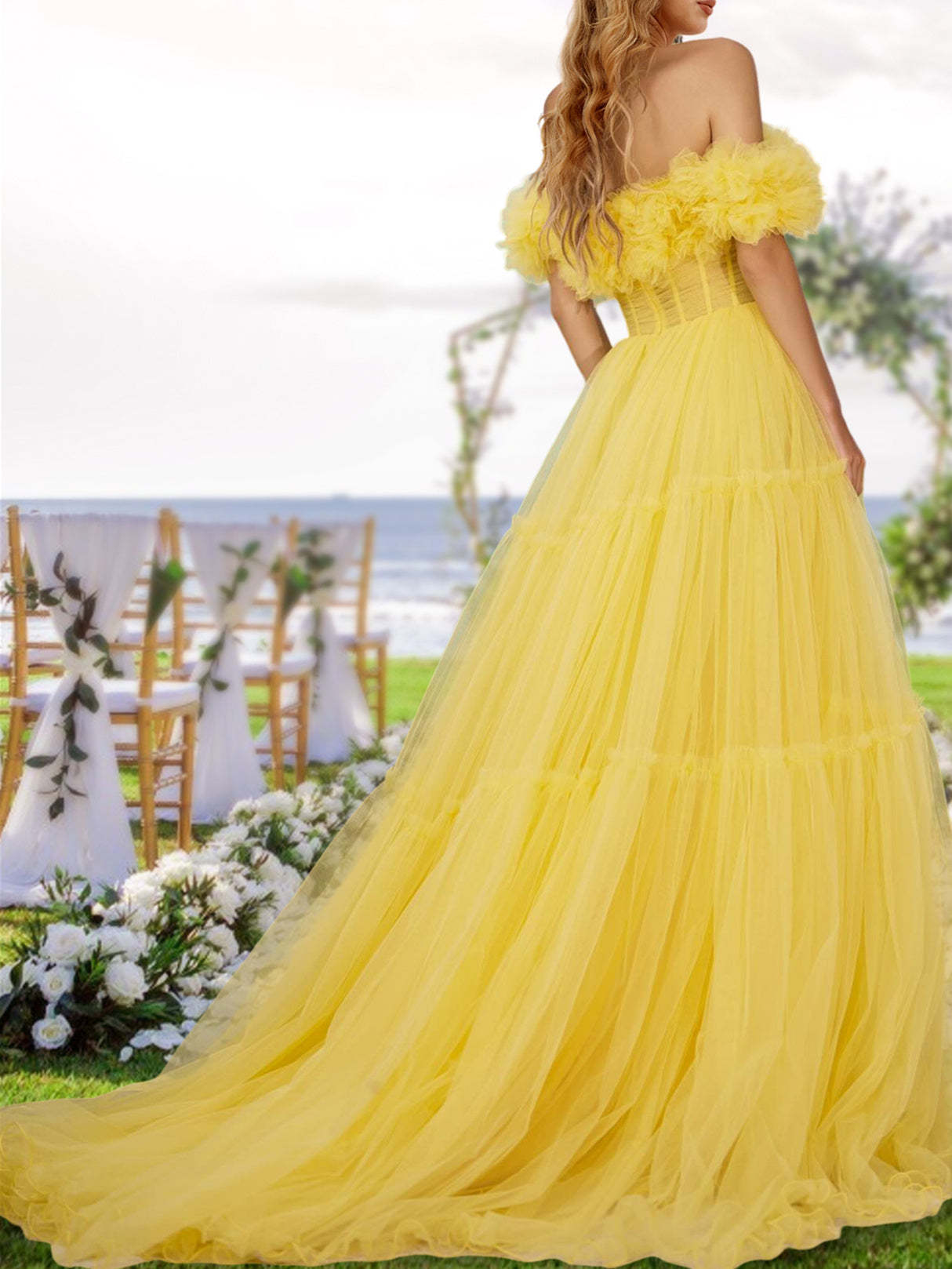 Princess A-Line Long Off-the-Shoulder Party Dresses in Tulle with Ruffles