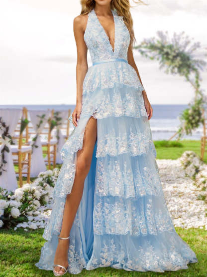 V-Neck Halter A-Line Princess Party Dress with Side Split and Sequins Long Tiered for Prom