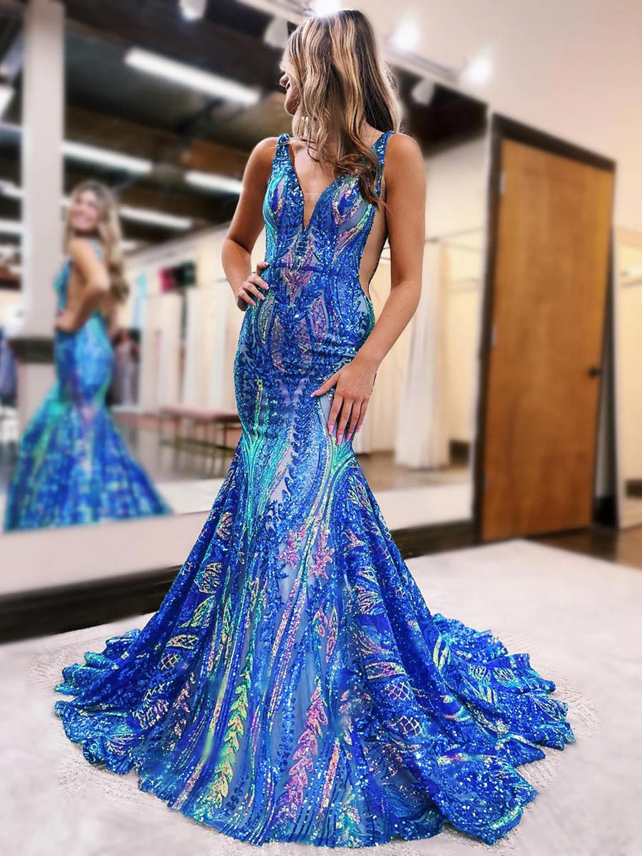 V-Neck Sleeveless Floor-length Mermaid Prom Dress with Sequins & Ruffles