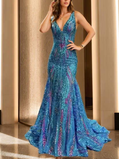 V-Neck Sleeveless Floor-length Mermaid Prom Dress with Sequins & Ruffles