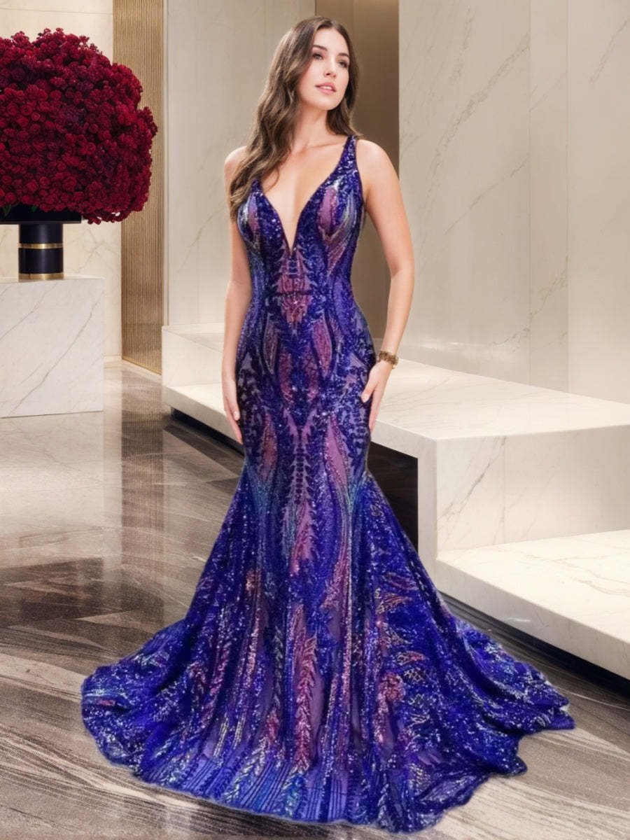 V-Neck Sleeveless Floor-length Mermaid Prom Dress with Sequins & Ruffles
