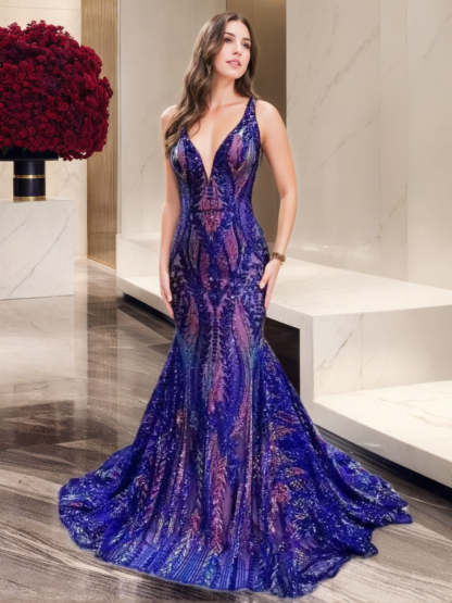 V-Neck Sleeveless Floor-length Mermaid Prom Dress with Sequins & Ruffles