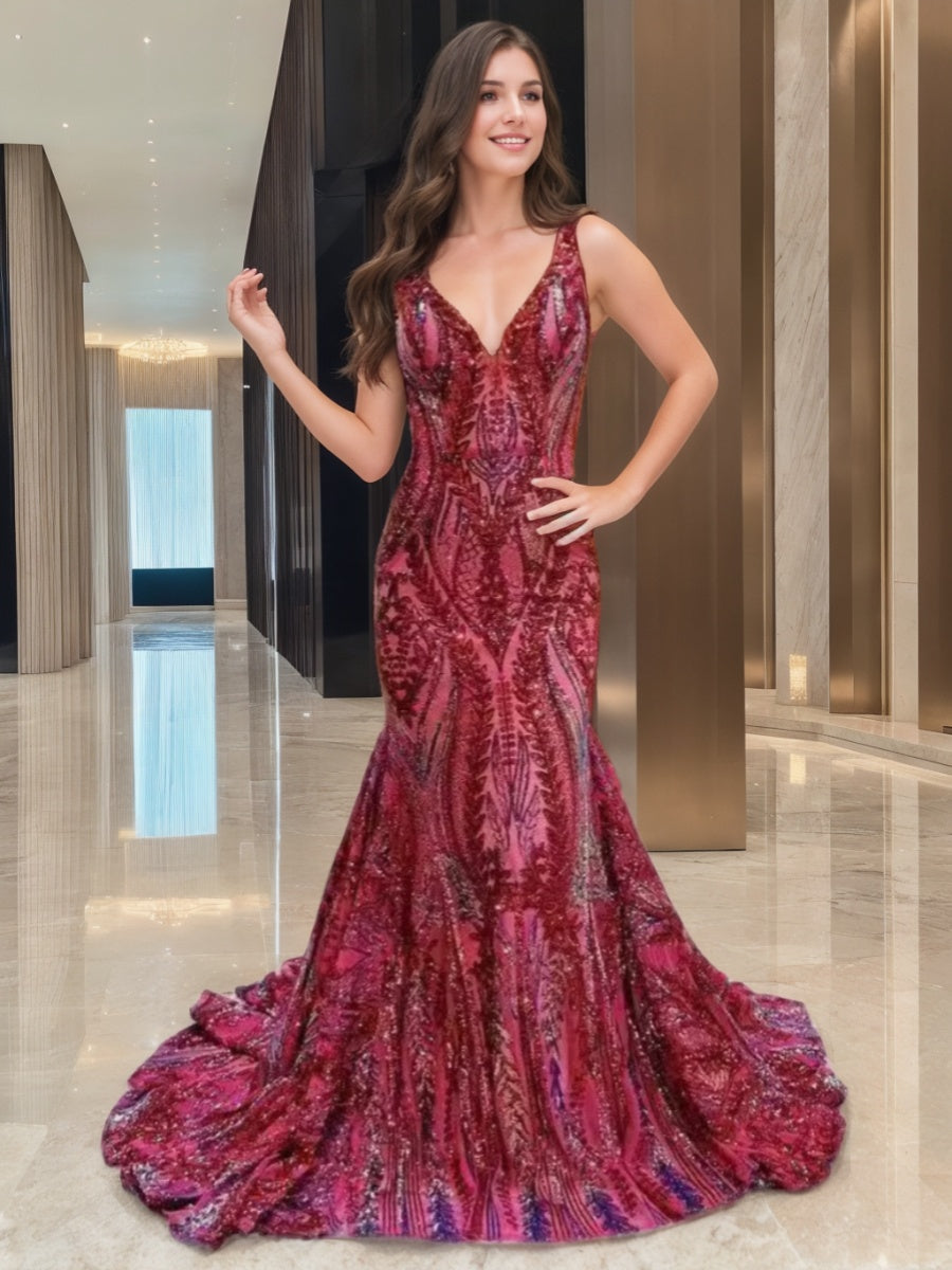 V-Neck Sleeveless Floor-length Mermaid Prom Dress with Sequins & Ruffles