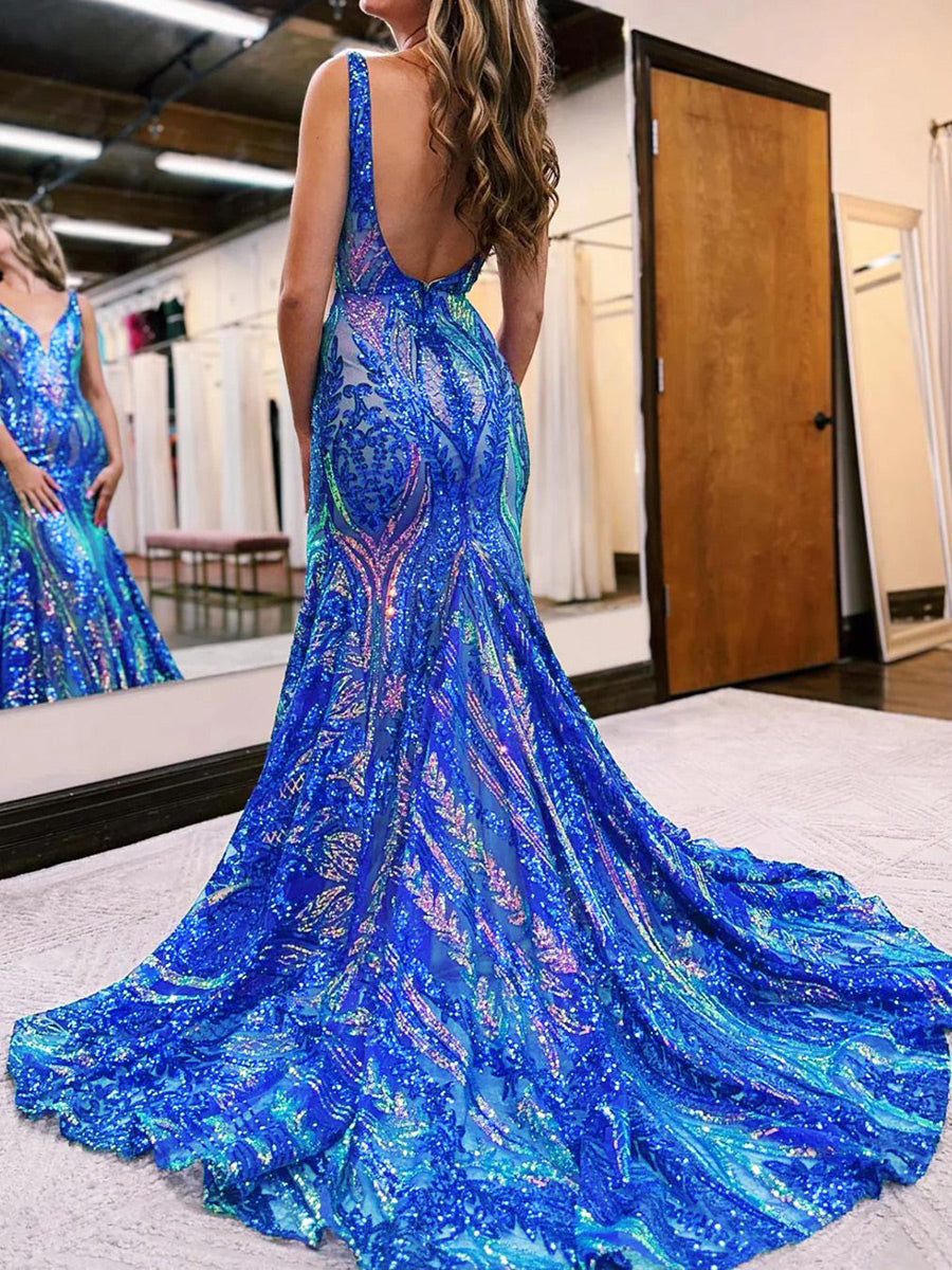 Mermaid/Trumpet V-Neck Floor-length Sleeveless Floral Prom Dress with Sequins