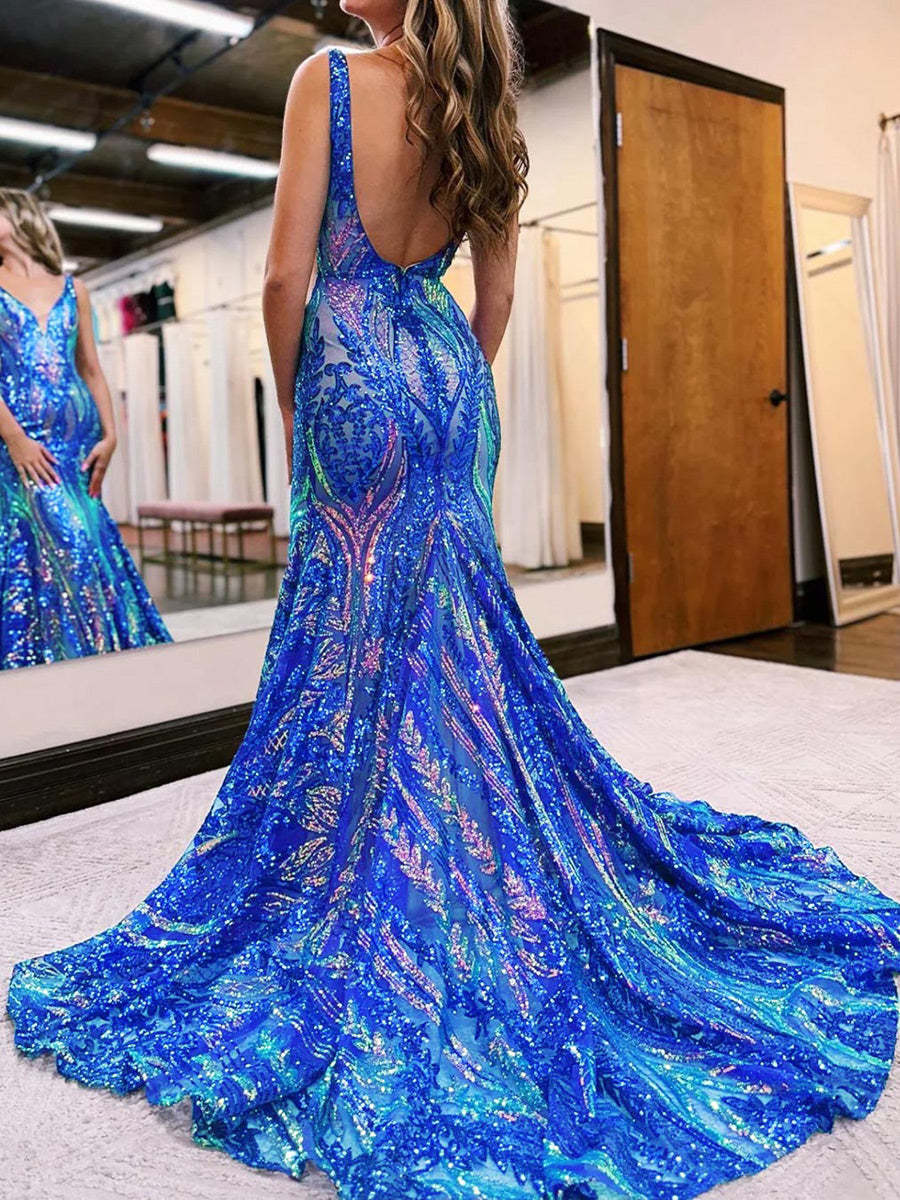 Mermaid/Trumpet V-Neck Floor-length Sleeveless Floral Prom Dress with Sequins