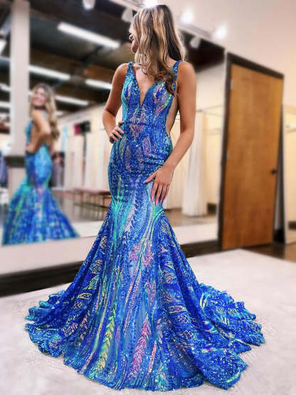 Mermaid/Trumpet V-Neck Floor-length Sleeveless Floral Prom Dress with Sequins