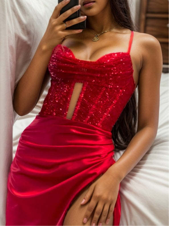 Sequined Spaghetti Strap Floor-Length Prom Dress with Side Split
