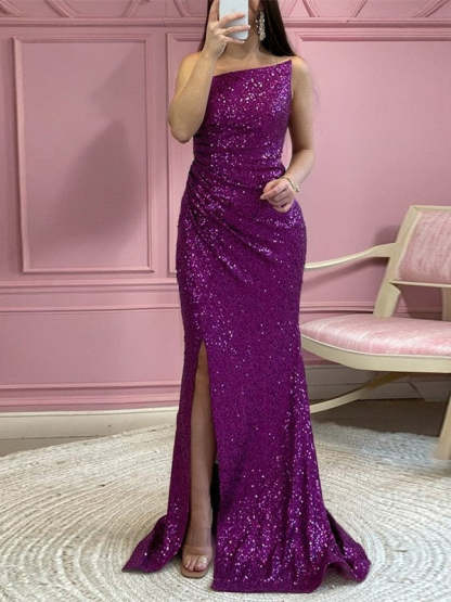 Strapless Sleeveless Floor-length Evening Gowns with Side Split in Trumpet/Mermaid Sequins