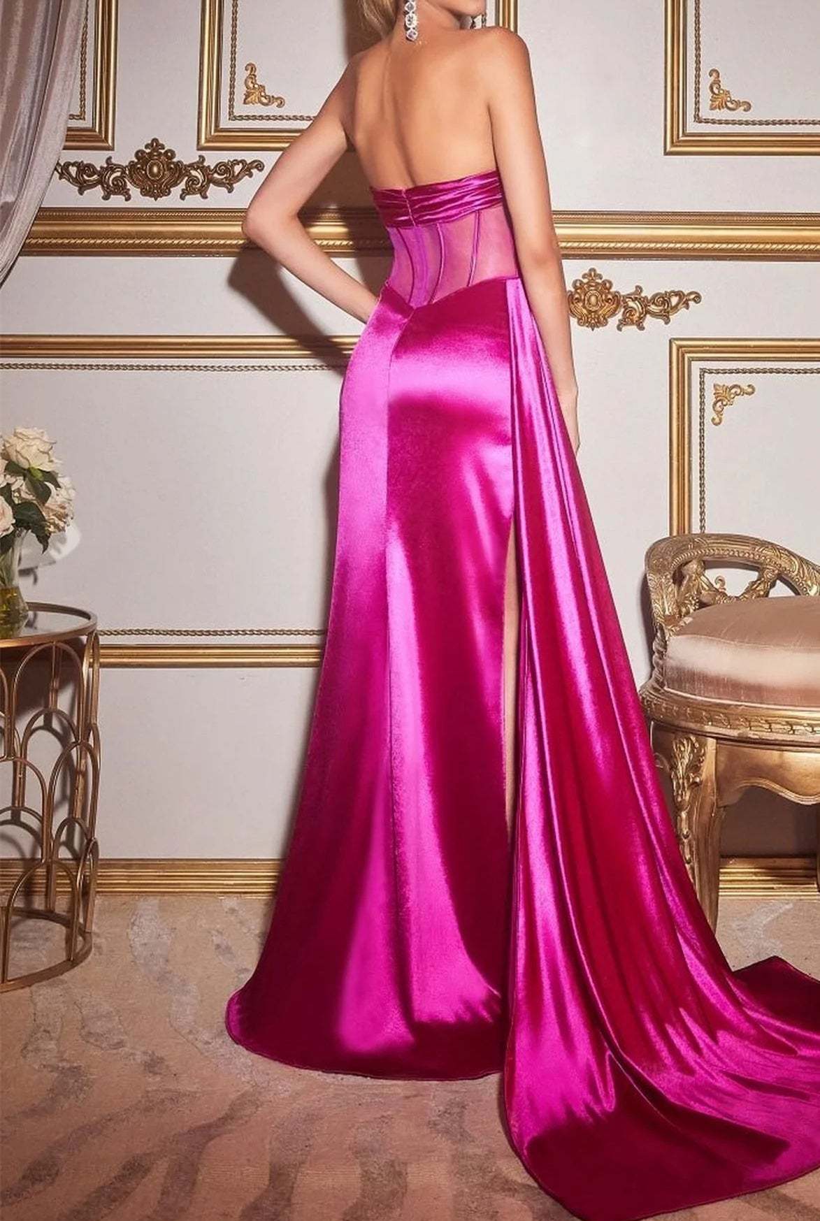 Strapless Floor-Length Evening Gowns With Side Slit and Sheath/Column Silhouette