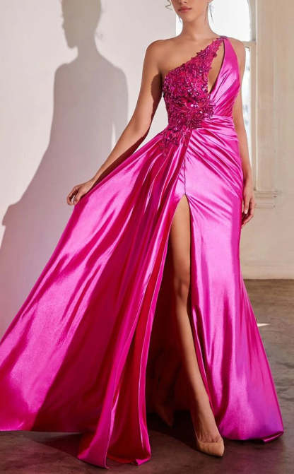 One-Shoulder Floral Evening Gown with Side Slit