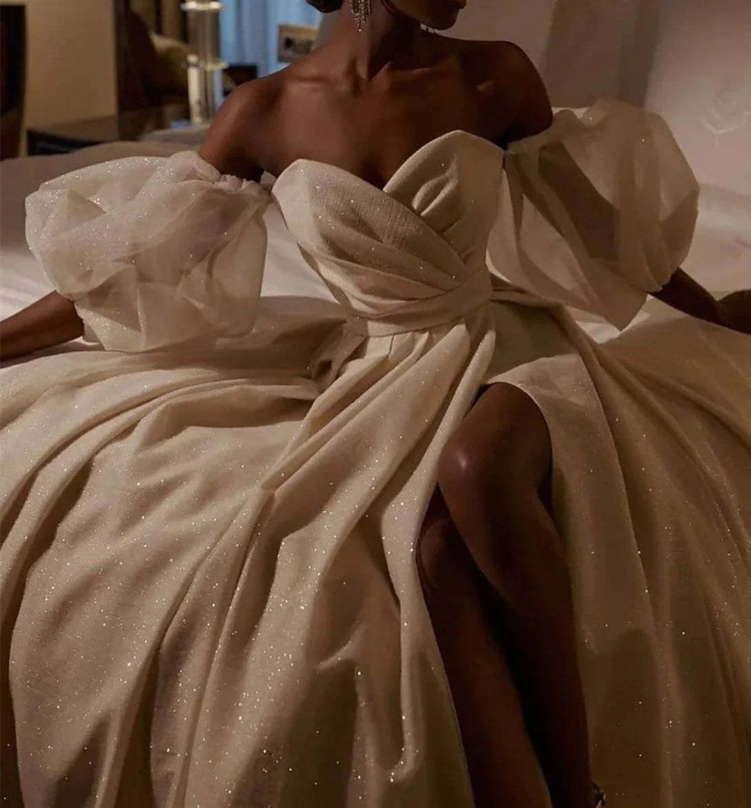 Sweetheart A-Line Princess Prom Dress with Split Side and Short Sleeves