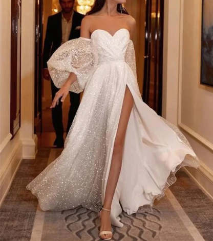 Sweetheart A-Line Princess Prom Dress with Split Side and Short Sleeves