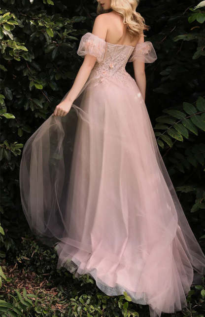 Sweetheart A-Line Princess Floor-Length Floral Prom Dress With Split Side and Short Sleeves