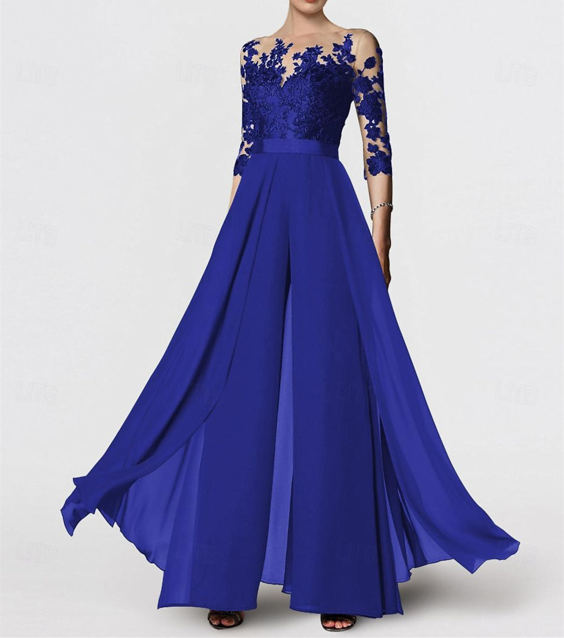 Princess Jewel Neck A-Line Floor-Length Mother of the Bride Pantsuit with Applique and 3/4 Sleeves