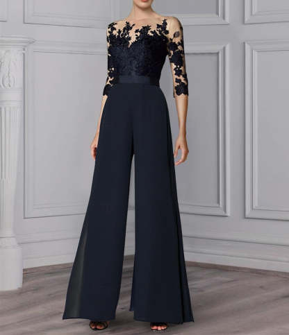 Princess Jewel Neck A-Line Floor-Length Mother of the Bride Pantsuit with Applique and 3/4 Sleeves