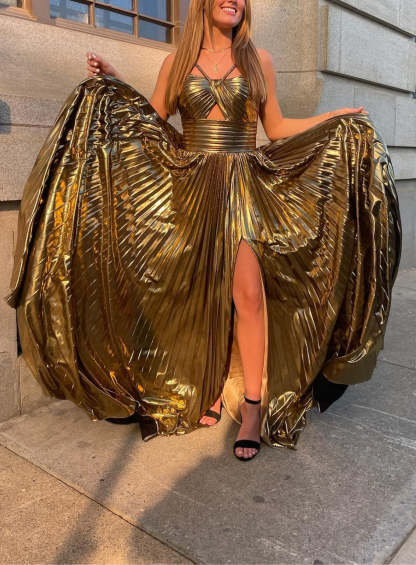 Spaghetti Strap Sleeveless A-Line Floor-Length Formal Evening Dress with Side Split