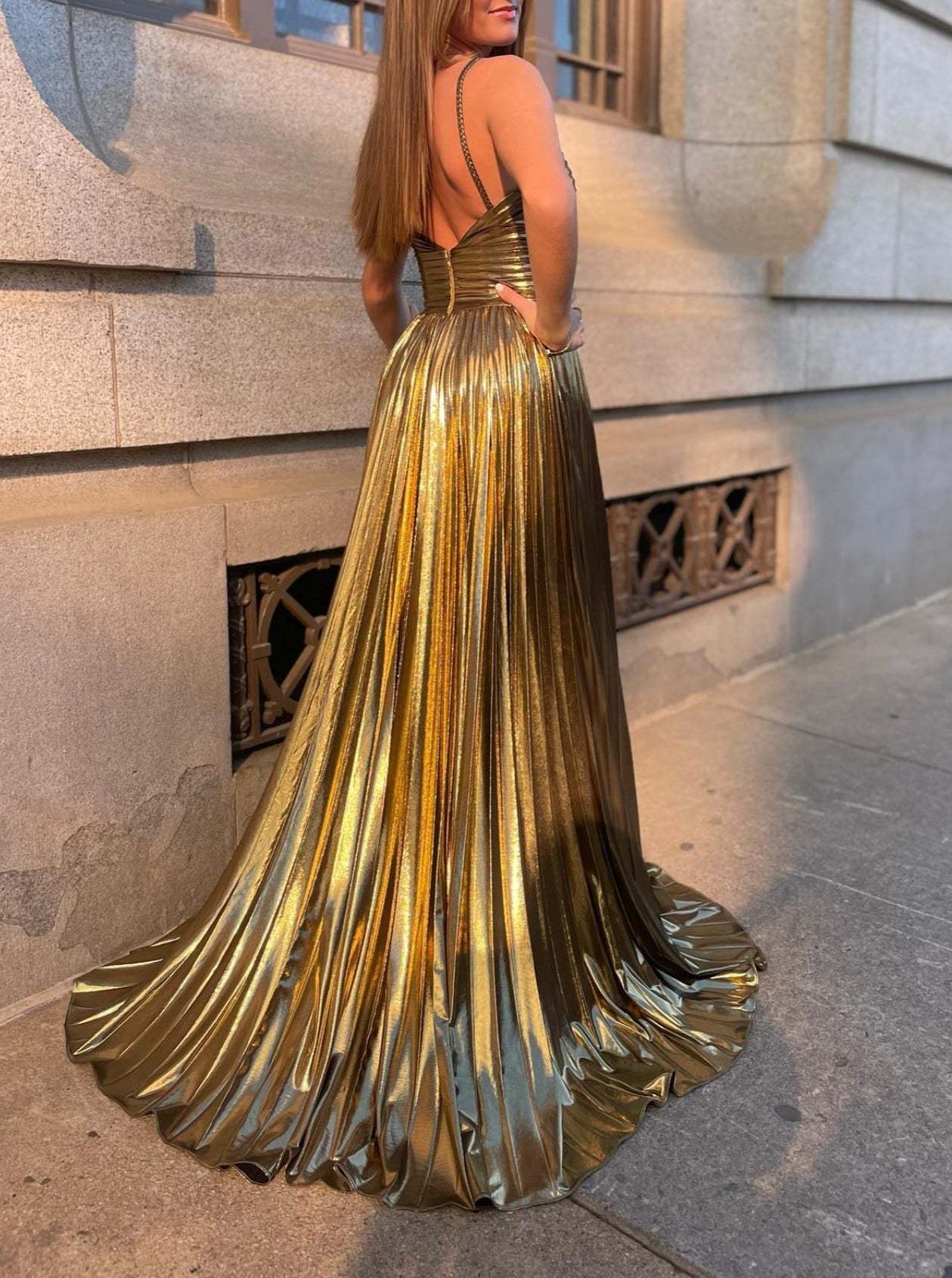 Spaghetti Strap Sleeveless A-Line Floor-Length Formal Evening Dress with Side Split