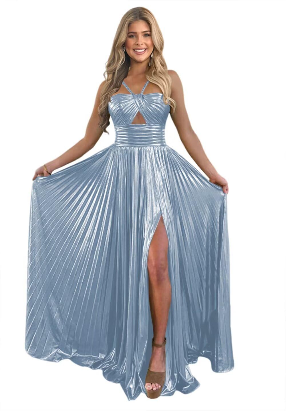 Spaghetti Strap Sleeveless A-Line Floor-Length Formal Evening Dress with Side Split