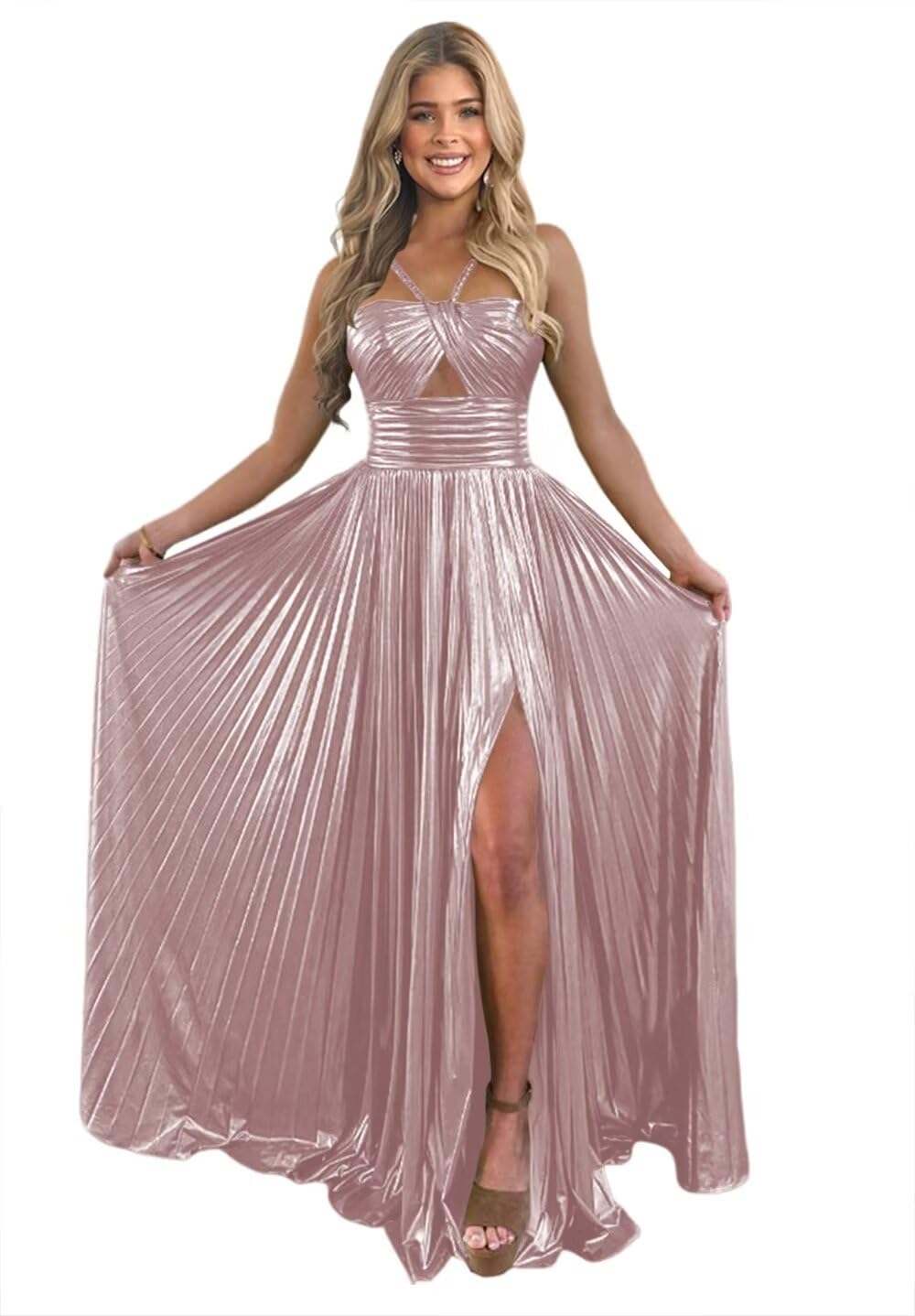 Spaghetti Strap Sleeveless A-Line Floor-Length Formal Evening Dress with Side Split