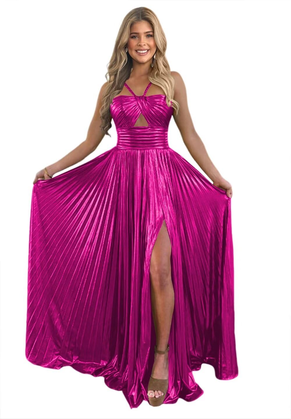 Spaghetti Strap Sleeveless A-Line Floor-Length Formal Evening Dress with Side Split