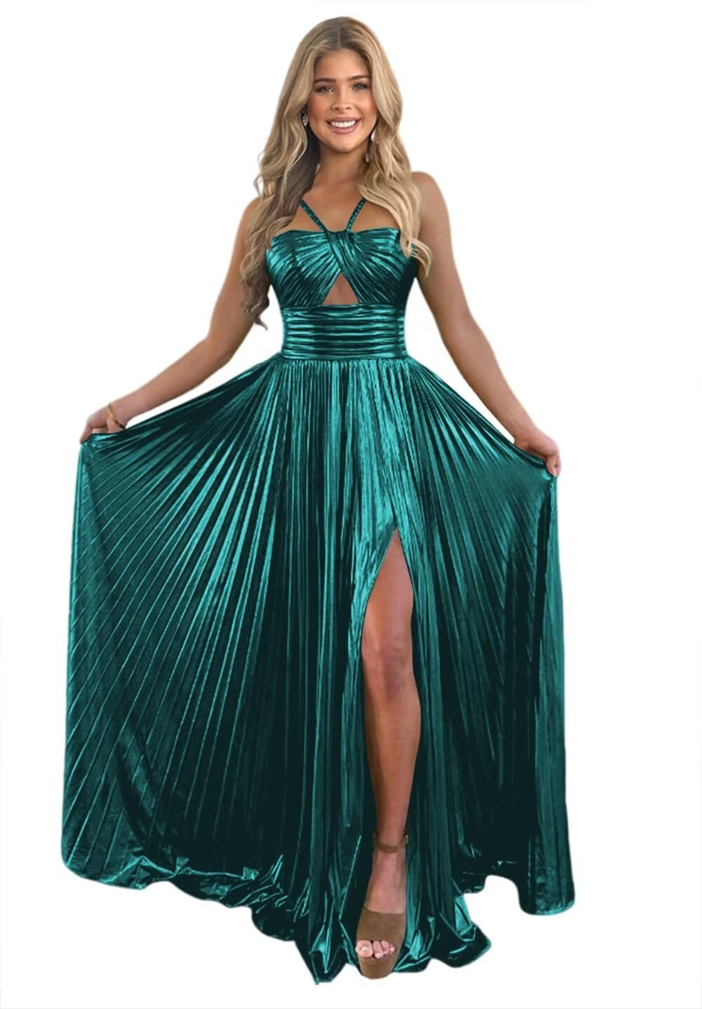 Spaghetti Strap Sleeveless A-Line Floor-Length Formal Evening Dress with Side Split