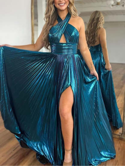 Halter Sleeveless A-Line/Princess Floor-length Formal Evening Dresses with Side Split