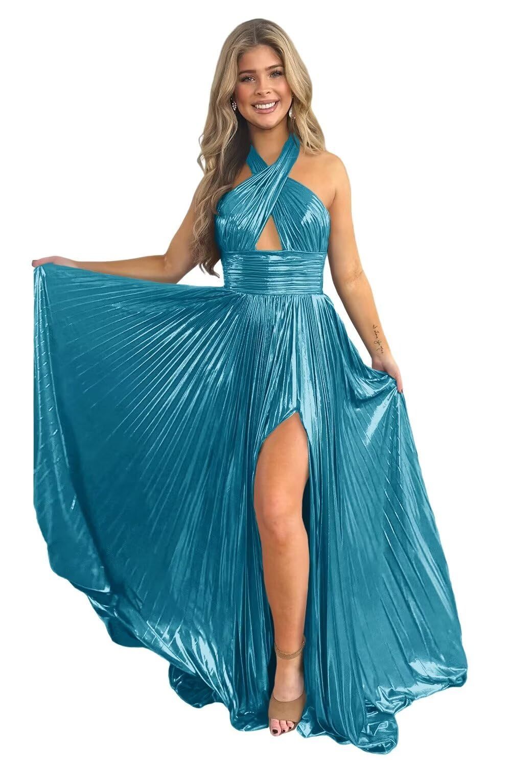 Halter Sleeveless A-Line/Princess Floor-length Formal Evening Dresses with Side Split