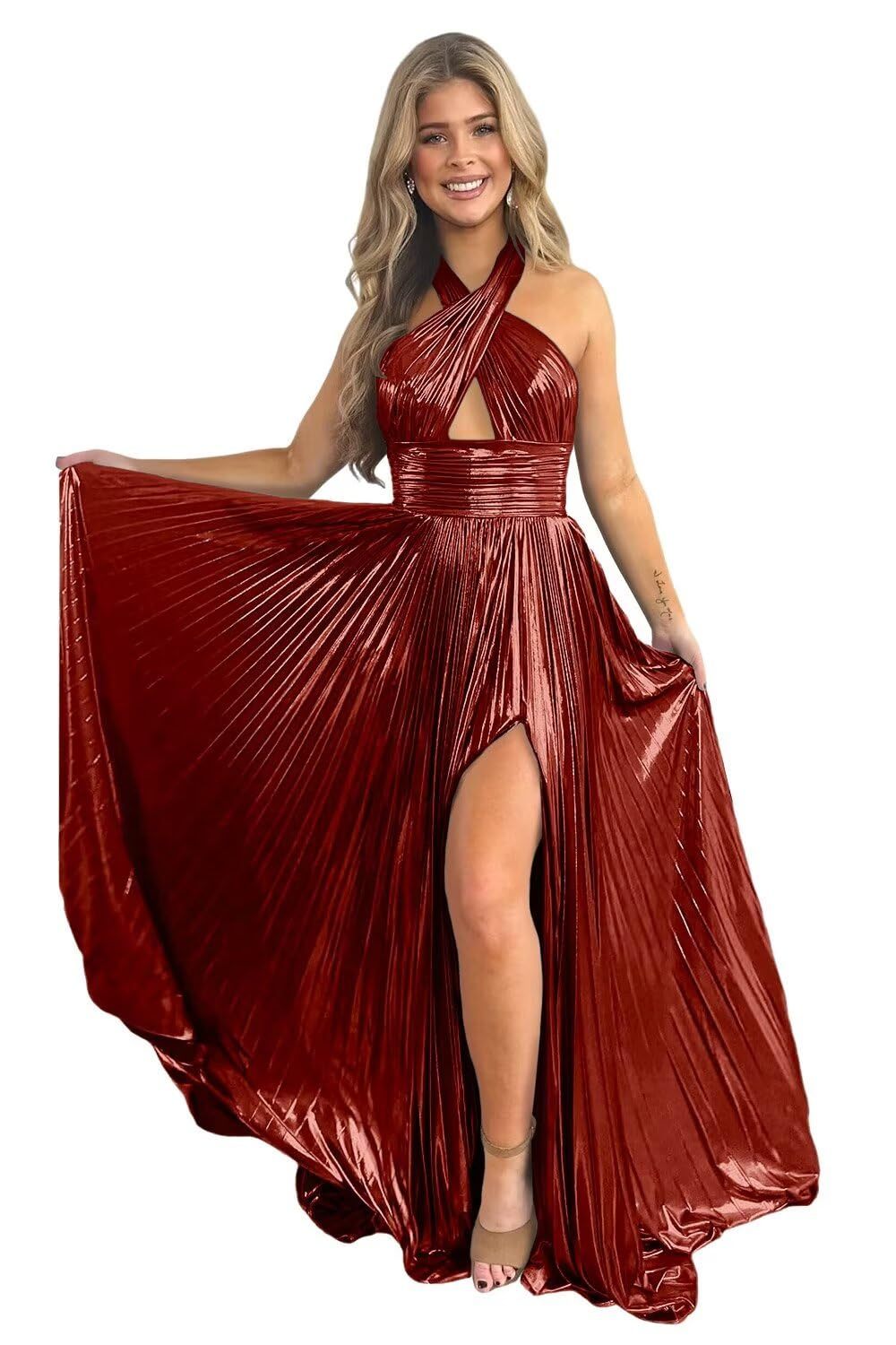 Halter Sleeveless A-Line/Princess Floor-length Formal Evening Dresses with Side Split