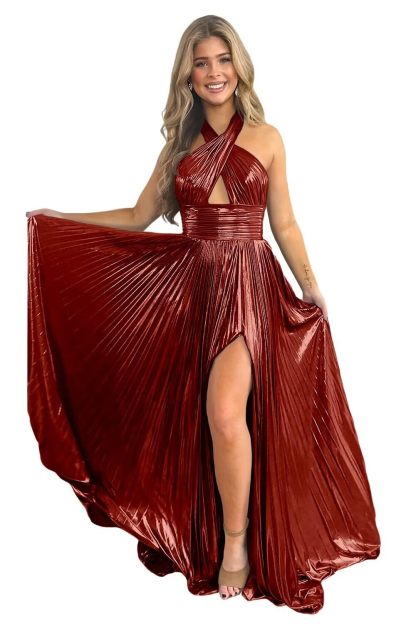 Halter Sleeveless A-Line/Princess Floor-length Formal Evening Dresses with Side Split