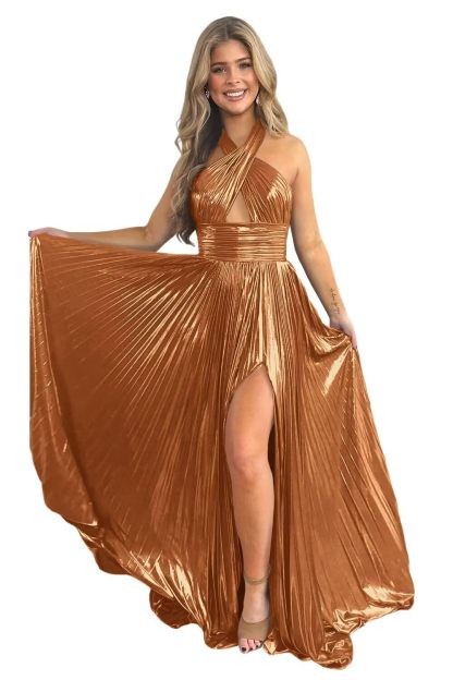 Halter Sleeveless A-Line/Princess Floor-length Formal Evening Dresses with Side Split