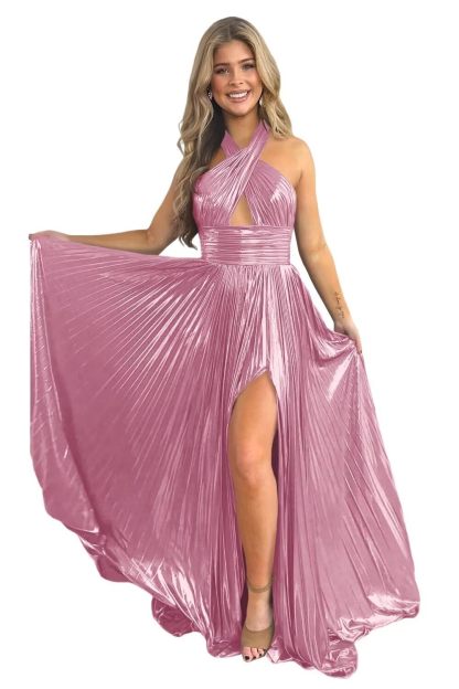 Halter Sleeveless A-Line/Princess Floor-length Formal Evening Dresses with Side Split