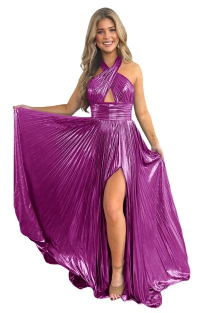 Halter Sleeveless A-Line/Princess Floor-length Formal Evening Dresses with Side Split