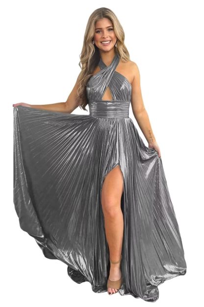 Halter Sleeveless A-Line/Princess Floor-length Formal Evening Dresses with Side Split