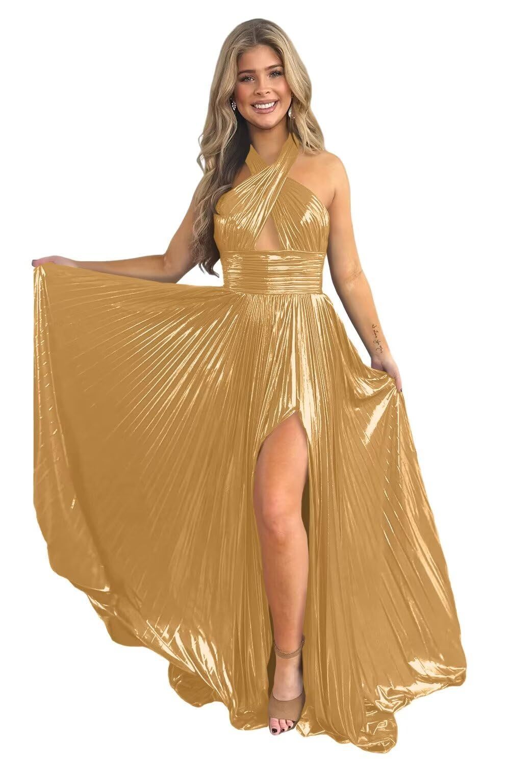 Halter Sleeveless A-Line/Princess Floor-length Formal Evening Dresses with Side Split