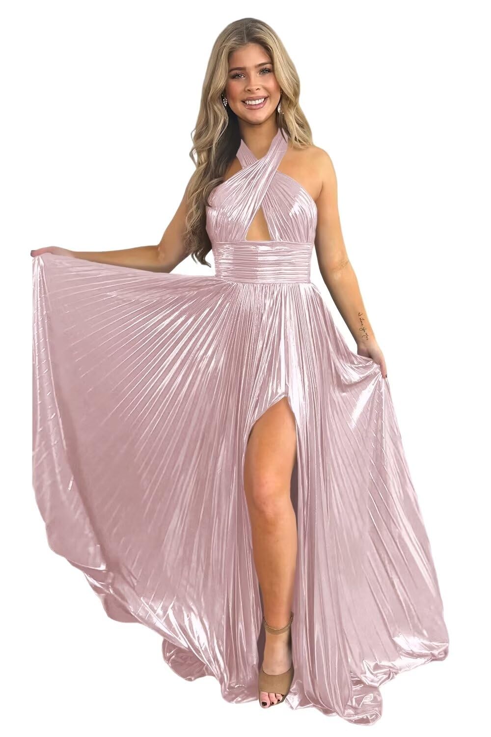 Halter Sleeveless A-Line/Princess Floor-length Formal Evening Dresses with Side Split