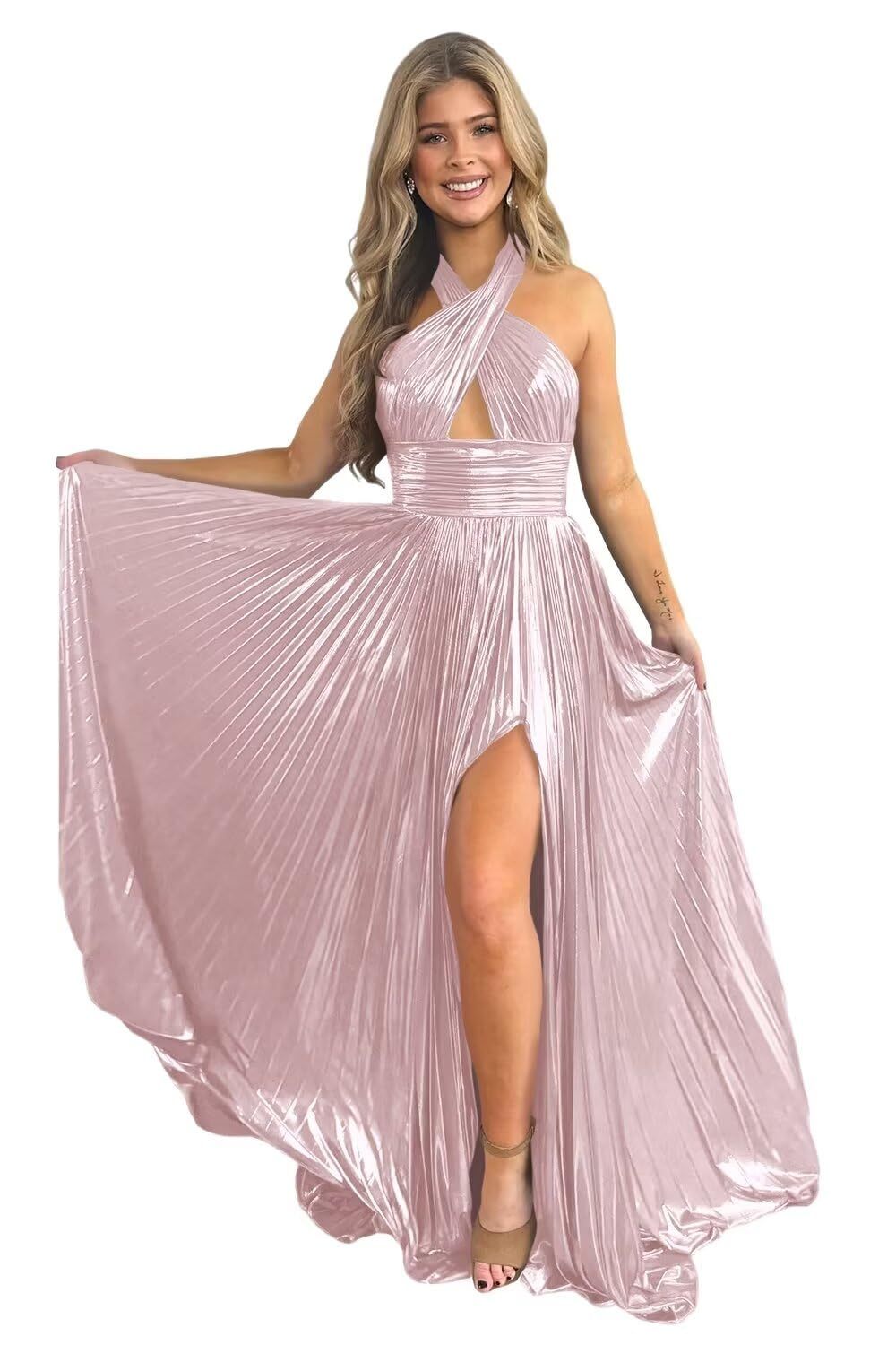 Halter Sleeveless A-Line/Princess Floor-length Formal Evening Dresses with Side Split