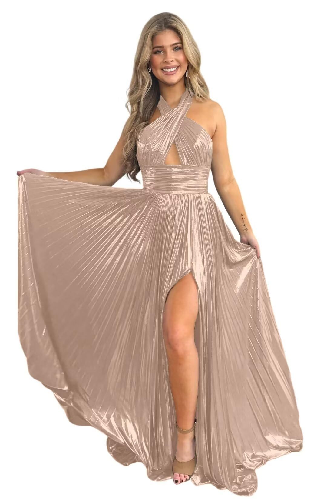 Halter Sleeveless A-Line/Princess Floor-length Formal Evening Dresses with Side Split