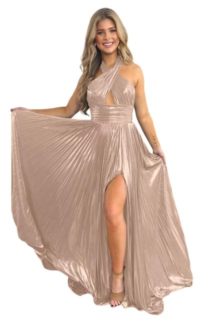 Halter Sleeveless A-Line/Princess Floor-length Formal Evening Dresses with Side Split